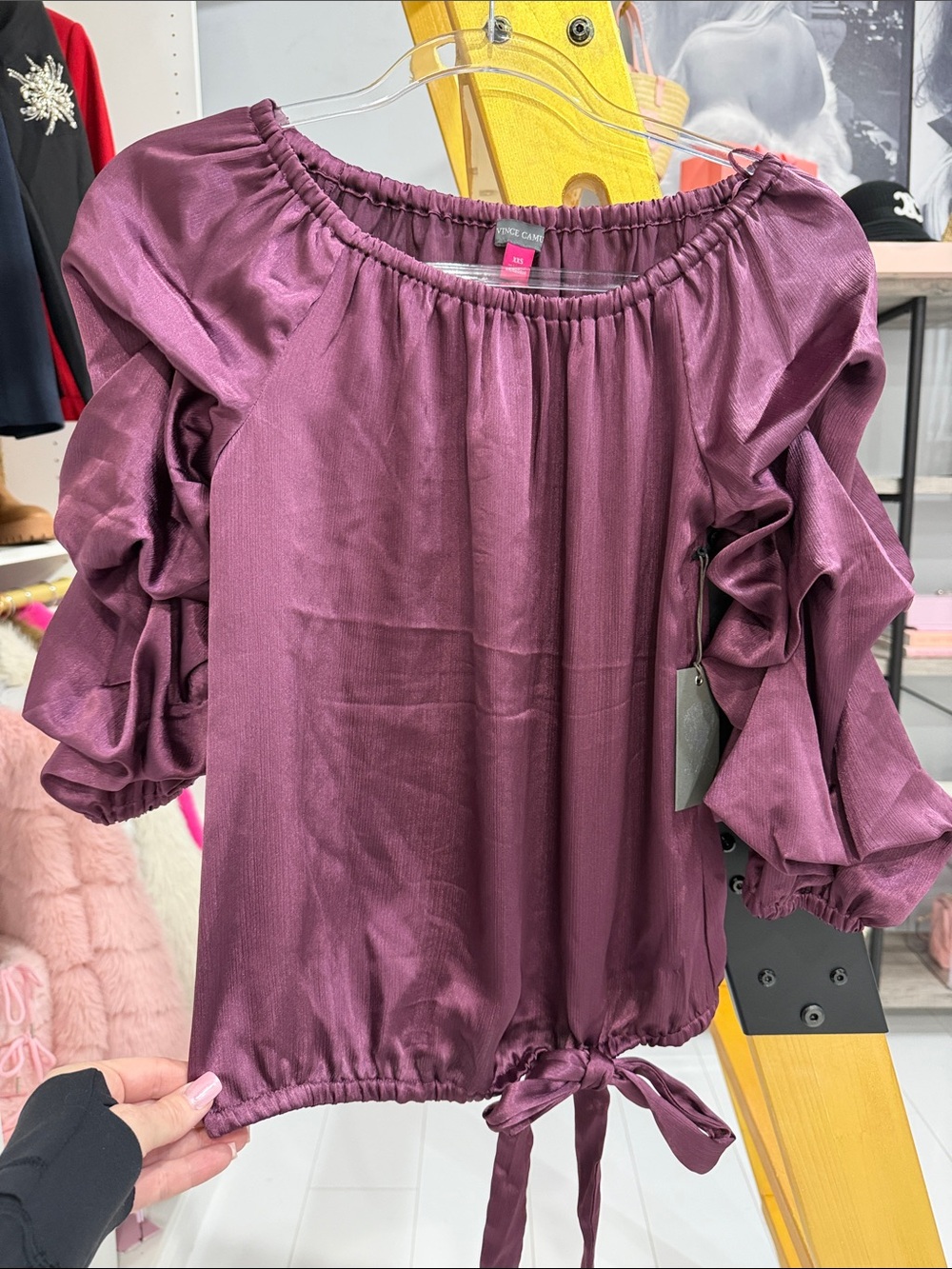 Vince Camuto Satin Peasant Top in Plum